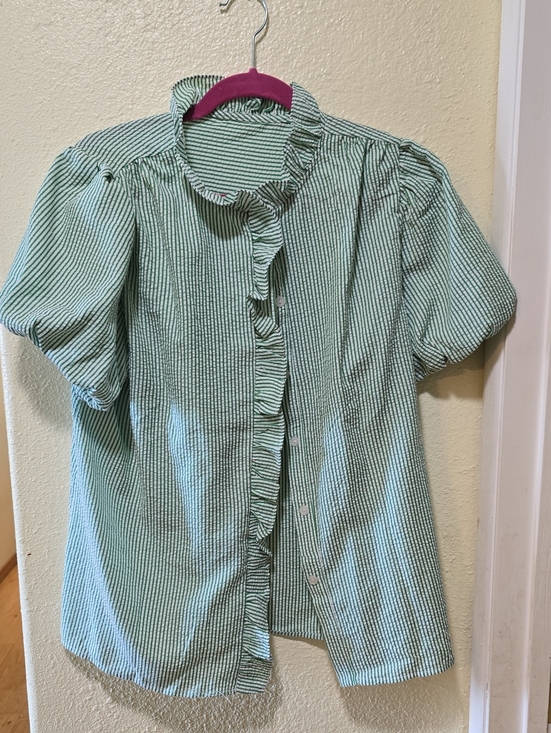 Tops - Green and White Striped Ruffle Button-Up Blouse
